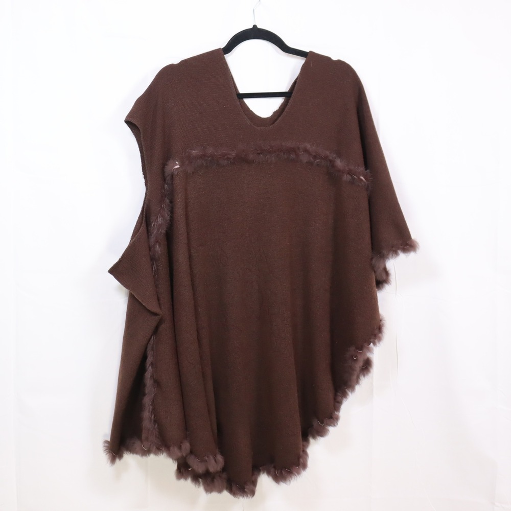 Unbranded Faux Fur Trim Poncho OS Brown Womens Knit Cape Wrap
